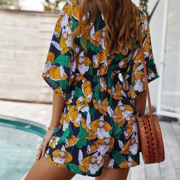 Tropical Floral Kimono Sleeve Romper – S M XL Available – Yellow, Green, White - Picture 3 of 3